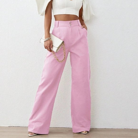 . Pants - Pink Preppy Womens Solid High Waist Wide Leg Jeans